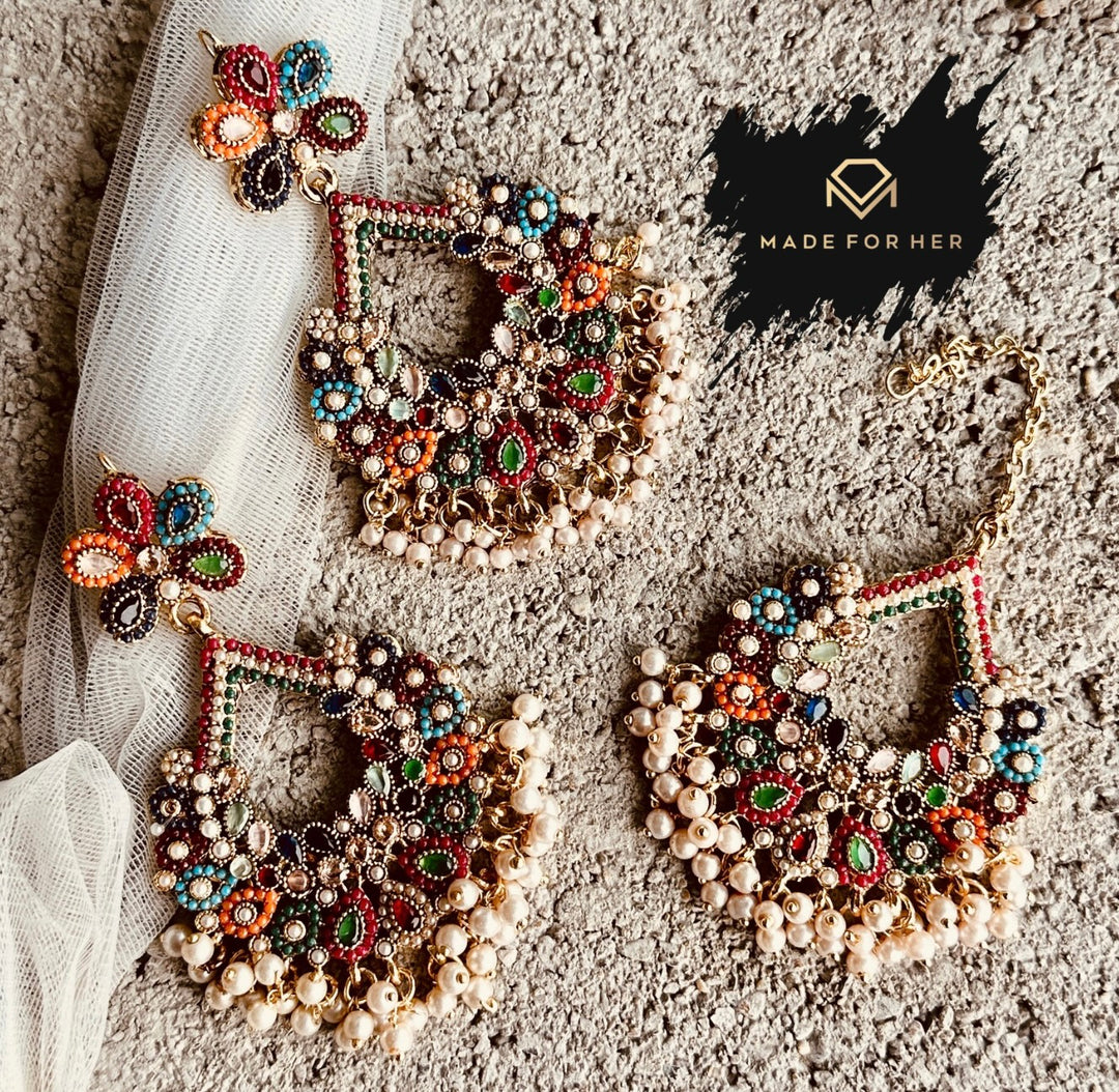Nauratan Royal Set – Earrings & Tikka - KWA1005