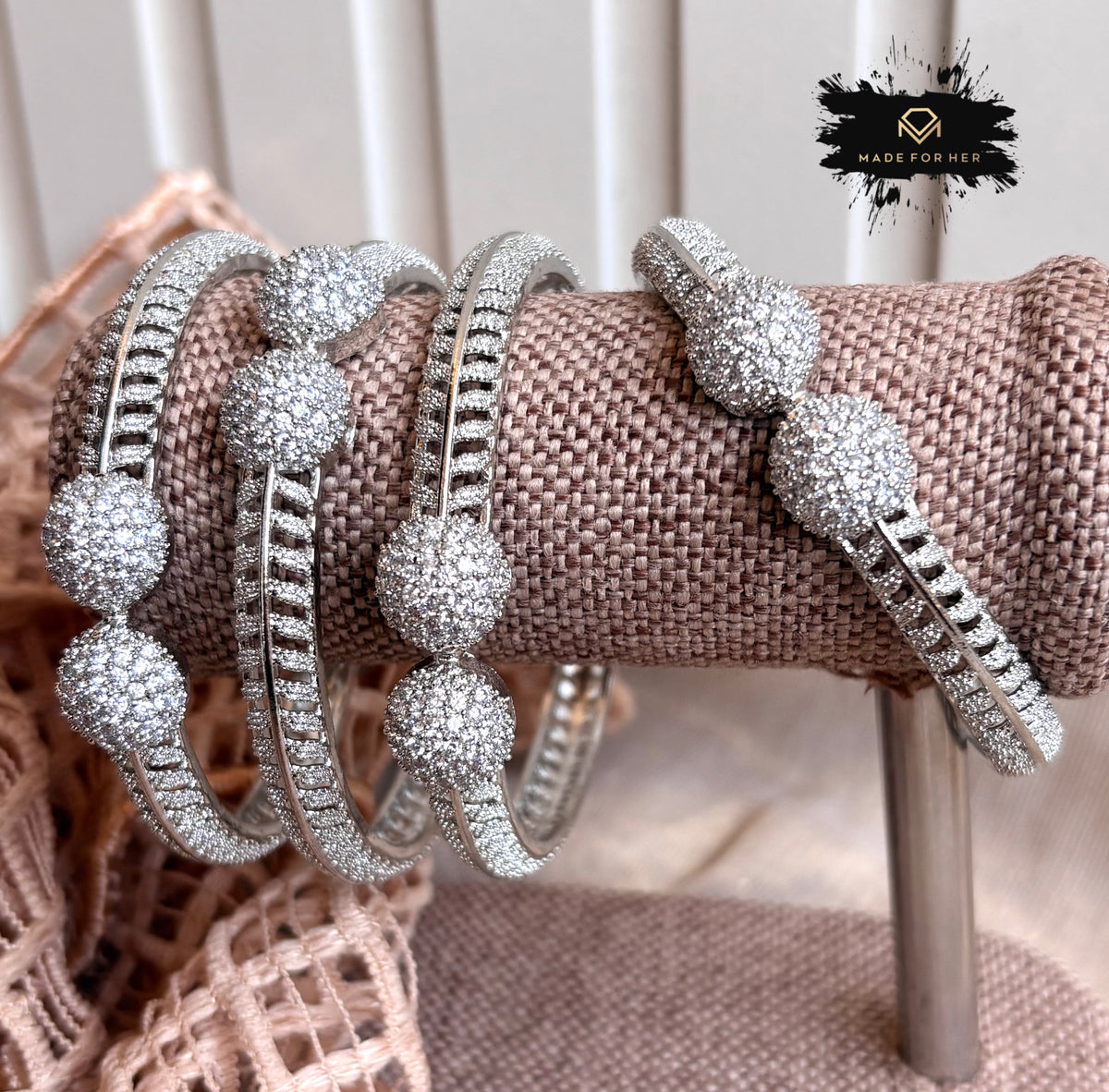 Celeste Zircon Bangles - 4Pcs - Silver - KKB1007