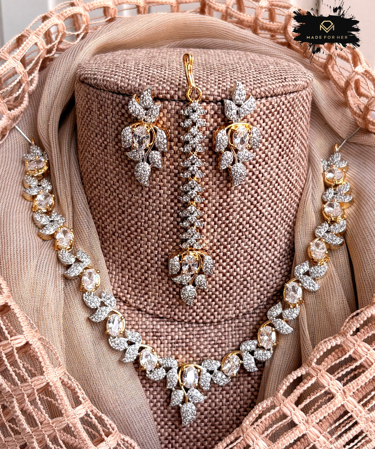 Prestige AD Zircon Necklace Set - Gold White - KB1022
